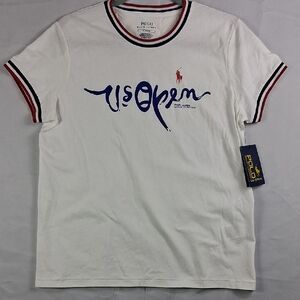 Polo by Ralph Lauren US Open White Cotton Crew Neck Tee with Blue & Red Accents
